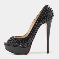Pre Owned Christian Louboutin Black Patent Leather Lady Peep Spikes Platform Pumps Size 37.5