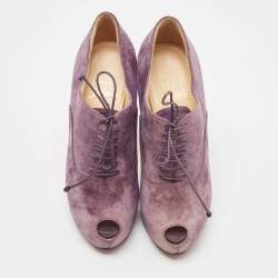 Christian Louboutin Purple Suede Peep Toe Lace Up Booties Size 35.5