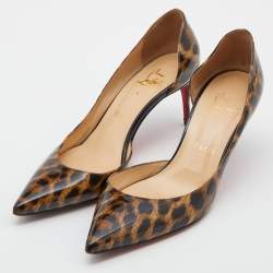 Pre Owned Christian Louboutin Brown Leopard Print Patent Leather Iriza Pointed Toe D'orsay Pumps Size 37.5