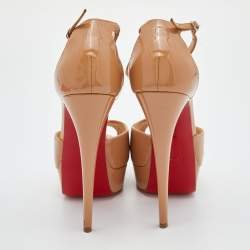 Pre Owned Christian Louboutin Beige Patent Jilopa T Strap Platform Sandals Size 37.5