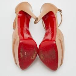 Pre Owned Christian Louboutin Beige Patent Jilopa T Strap Platform Sandals Size 37.5