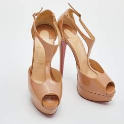 Pre Owned Christian Louboutin Beige Patent Jilopa T Strap Platform Sandals Size 37.5