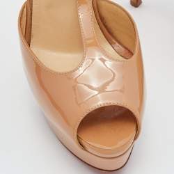 Pre Owned Christian Louboutin Beige Patent Jilopa T Strap Platform Sandals Size 37.5