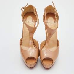 Pre Owned Christian Louboutin Beige Patent Jilopa T Strap Platform Sandals Size 37.5