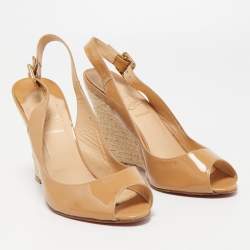 Christian Louboutin Beige Patent Leather Puglia Wedge Sandals Size 39