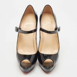 Pre Owned Christian Louboutin Black Patent Leather Zeppa Peep Toe Pumps Size 39