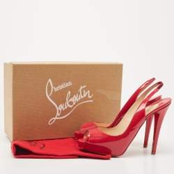 Pre Owned Christian Louboutin Red Patent Leather Private Number Peep Toe Slingback Sandals Size 38.5