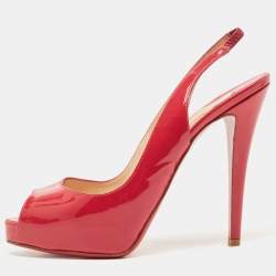 Pre Owned Christian Louboutin Red Patent Leather Private Number Peep Toe Slingback Sandals Size 38.5