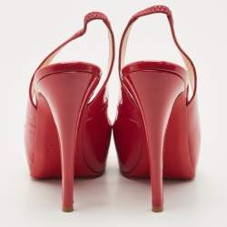 Pre Owned Christian Louboutin Red Patent Leather Private Number Peep Toe Slingback Sandals Size 38.5