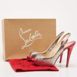 Christian Louboutin Silver/Pink Glitter No Prive Peep Toe Slingback Sandals Size 38.5
