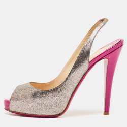 Christian Louboutin Silver/Pink Glitter No Prive Peep Toe Slingback Sandals Size 38.5