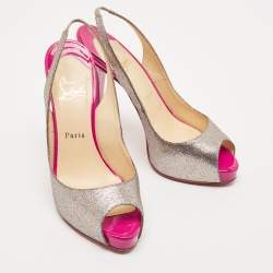 Christian Louboutin Silver/Pink Glitter No Prive Peep Toe Slingback Sandals Size 38.5