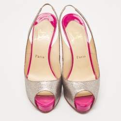Christian Louboutin Silver/Pink Glitter No Prive Peep Toe Slingback Sandals Size 38.5