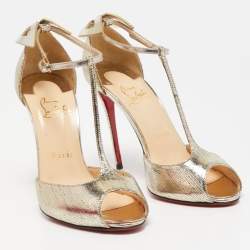 Pre Owned Christian Louboutin Gold Textured Leather Aribak Bow Sandals Size 38