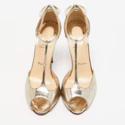 Pre Owned Christian Louboutin Gold Textured Leather Aribak Bow Sandals Size 38