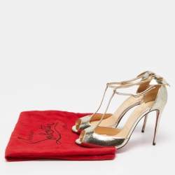 Pre Owned Christian Louboutin Gold Textured Leather Aribak Bow Sandals Size 38