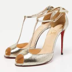 Pre Owned Christian Louboutin Gold Textured Leather Aribak Bow Sandals Size 38