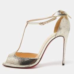 Pre Owned Christian Louboutin Gold Textured Leather Aribak Bow Sandals Size 38