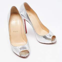 Christian Louboutin Silver Python Flo Peep Toe Pumps Size 37