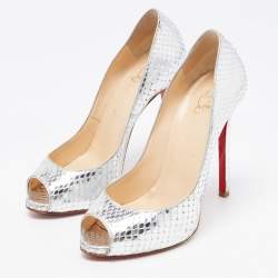 Christian Louboutin Silver Python Flo Peep Toe Pumps Size 37