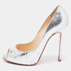 Christian Louboutin Silver Python Flo Peep Toe Pumps Size 37