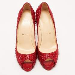 Pre Owned Christian Louboutin Red Leather Strass Very Prive Pumps Size 37.5 