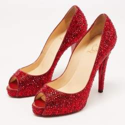 Pre Owned Christian Louboutin Red Leather Strass Very Prive Pumps Size 37.5 