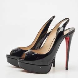 Pre Owned Christian Louboutin Black Patent Lady Peep Slingback Pumps Size 38.5