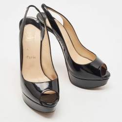 Pre Owned Christian Louboutin Black Patent Lady Peep Slingback Pumps Size 38.5