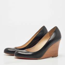 Pre Owned Christian Louboutin Black Leather Ron Ron Wedge Pumps Size 35.5