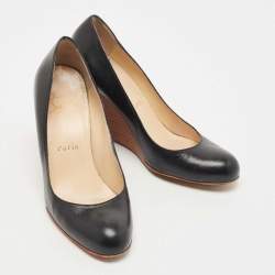 Pre Owned Christian Louboutin Black Leather Ron Ron Wedge Pumps Size 35.5