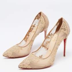 مملوكة مسبقًا Christian Louboutin Beige Lace and Embossed Python Leather Pigalle Follies Pumps Size 38