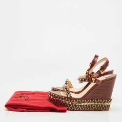 Pre Owned Christian Louboutin Brown Croc Embossed Leather Pyraclou Wedge Sandals Size 41