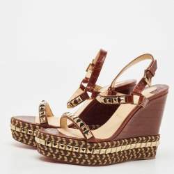 Pre Owned Christian Louboutin Brown Croc Embossed Leather Pyraclou Wedge Sandals Size 41