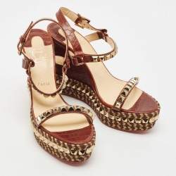 Pre Owned Christian Louboutin Brown Croc Embossed Leather Pyraclou Wedge Sandals Size 41