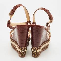 Pre Owned Christian Louboutin Brown Croc Embossed Leather Pyraclou Wedge Sandals Size 41
