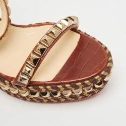 Pre Owned Christian Louboutin Brown Croc Embossed Leather Pyraclou Wedge Sandals Size 41