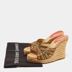 Pre Owned Christian Louboutin Tricolor Lace Espadrille Wedge Slide Sandals Size 37