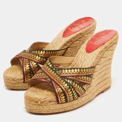 Pre Owned Christian Louboutin Tricolor Lace Espadrille Wedge Slide Sandals Size 37