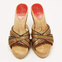 Pre Owned Christian Louboutin Tricolor Lace Espadrille Wedge Slide Sandals Size 37