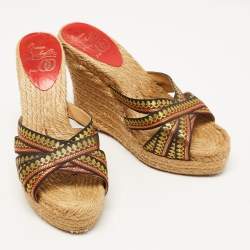 Pre Owned Christian Louboutin Tricolor Lace Espadrille Wedge Slide Sandals Size 37
