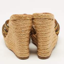 Pre Owned Christian Louboutin Tricolor Lace Espadrille Wedge Slide Sandals Size 37