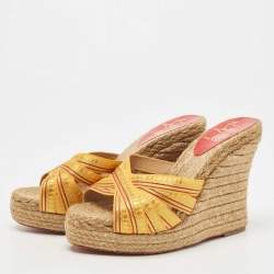 Christian Louboutin Yellow/Gold Lace Espadrille Wedge Slide Sandals Size 37