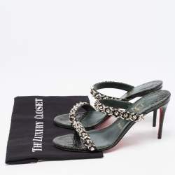 Pre Owned Christian Louboutin Dark Green Croc Embossed Leather Just Chain Slide Sandals Size 38.5