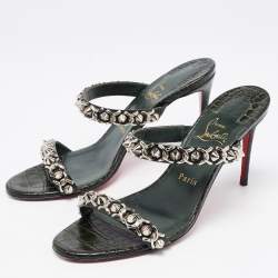 Pre Owned Christian Louboutin Dark Green Croc Embossed Leather Just Chain Slide Sandals Size 38.5