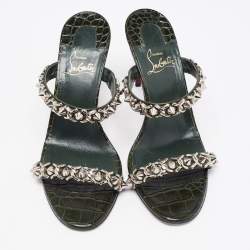 Pre Owned Christian Louboutin Dark Green Croc Embossed Leather Just Chain Slide Sandals Size 38.5