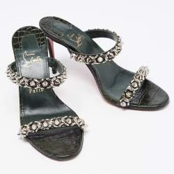 Pre Owned Christian Louboutin Dark Green Croc Embossed Leather Just Chain Slide Sandals Size 38.5