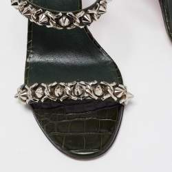 Pre Owned Christian Louboutin Dark Green Croc Embossed Leather Just Chain Slide Sandals Size 38.5