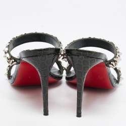 Pre Owned Christian Louboutin Dark Green Croc Embossed Leather Just Chain Slide Sandals Size 38.5