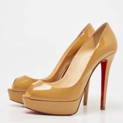Pre Owned Christian Louboutin Beige Patent Leather Lady Peep Platform Pumps Size 39.5